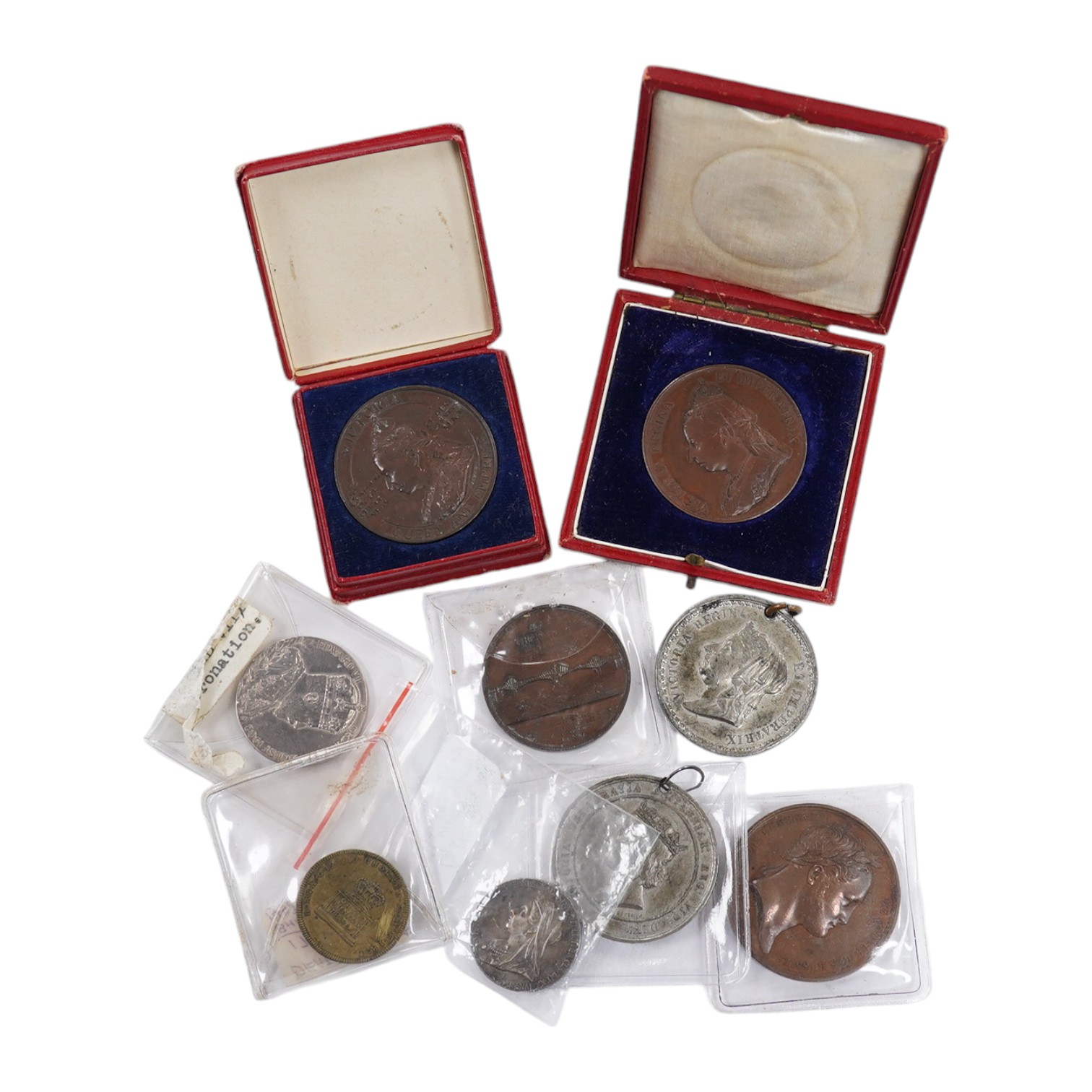 Historic and Royal commemorative medals, including death of George IV brass medal, 1830, two cased Victoria Diamond Jubilee bronze medals, Edward VII coronation silver medal, a Forth railway bridge etc.